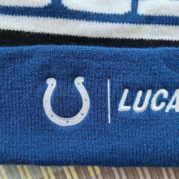 Indianapolis Colts NFL Lucas Oil Beanie Knit Cap With Pom Horseshoe Blue & White - Picture 5 of 8